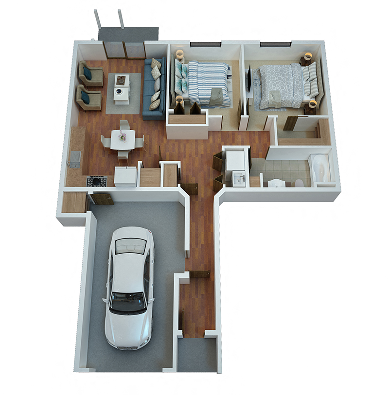 Floor plan for 2 beds, 1 bath, 977 sqft